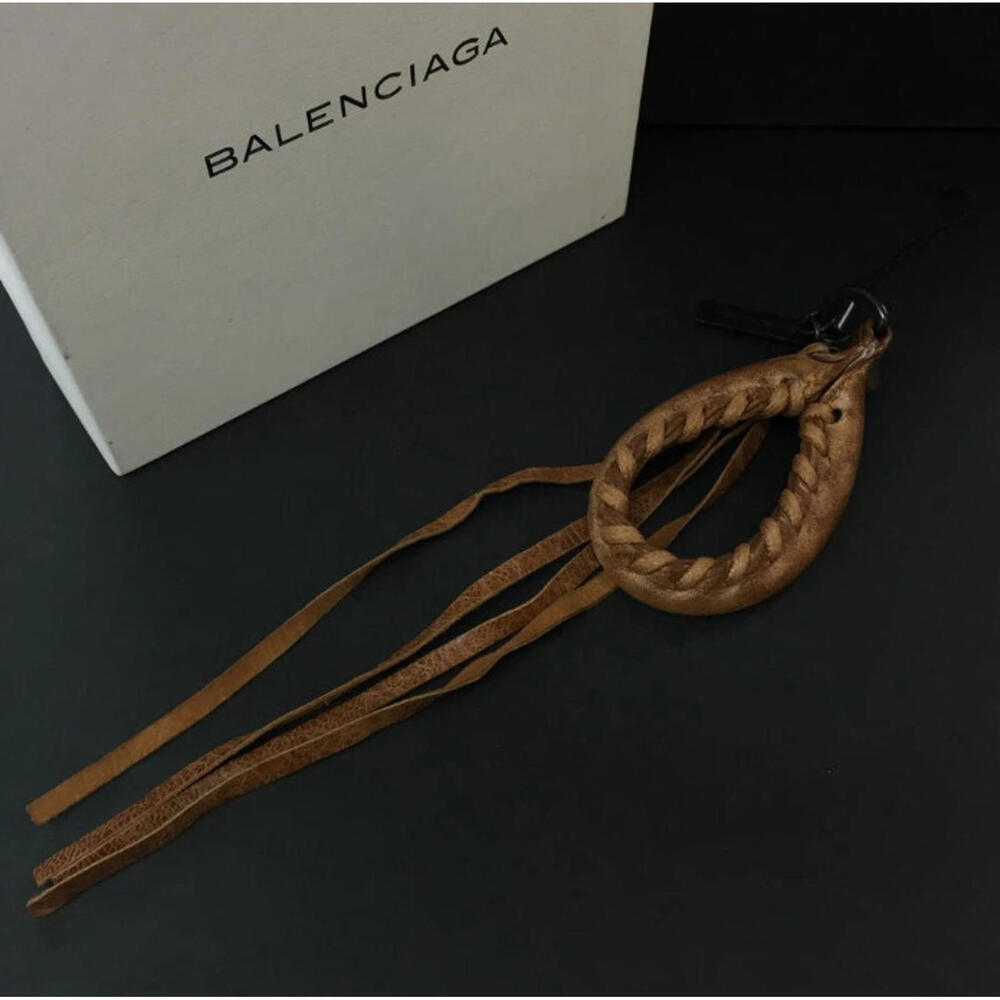BALENCIAGA With Box! Brown Leather Phone Strap Key Ring Charm etc